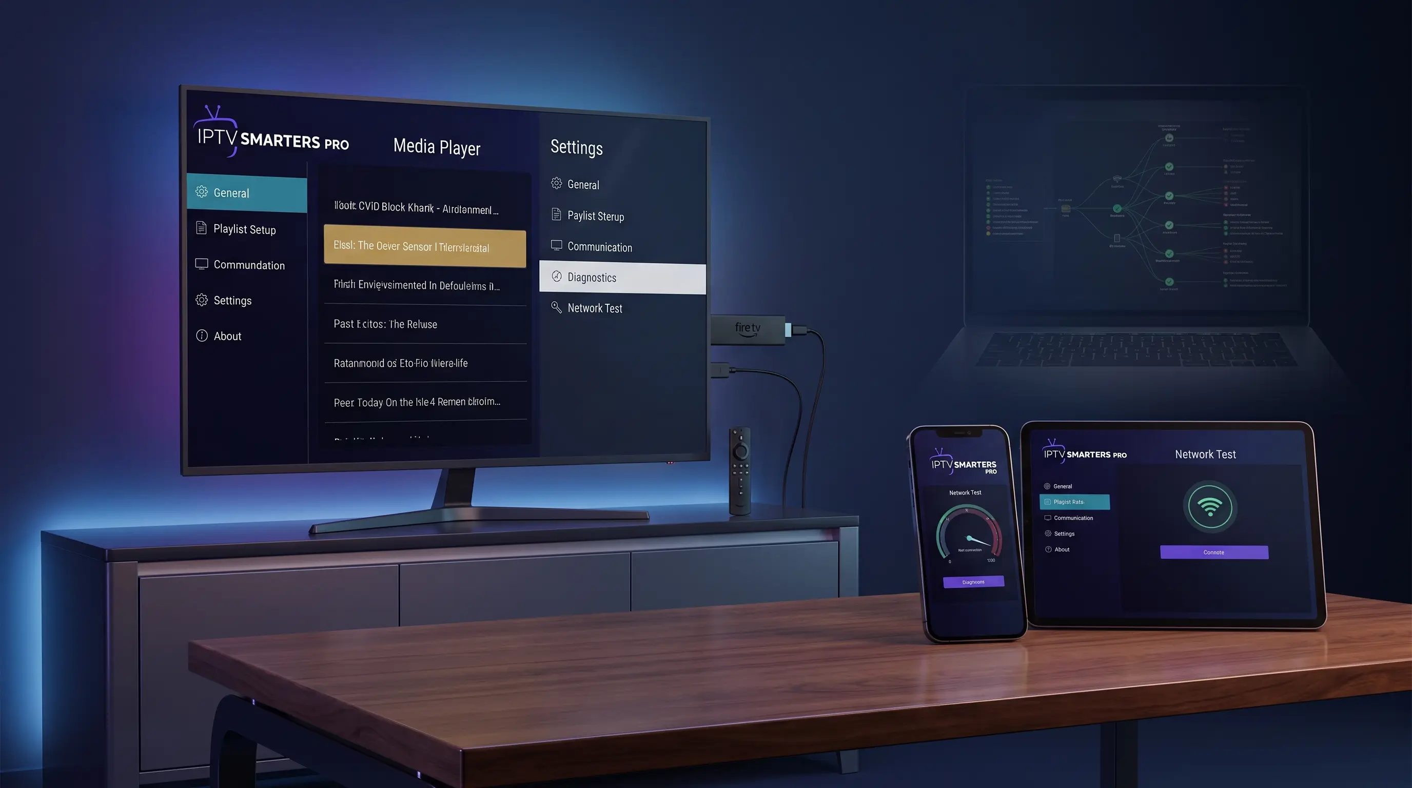 Télévision et écrans affichant l’interface violette d’IPTV Smarters Pro pendant l’installation et la configuration dans un salon sombre