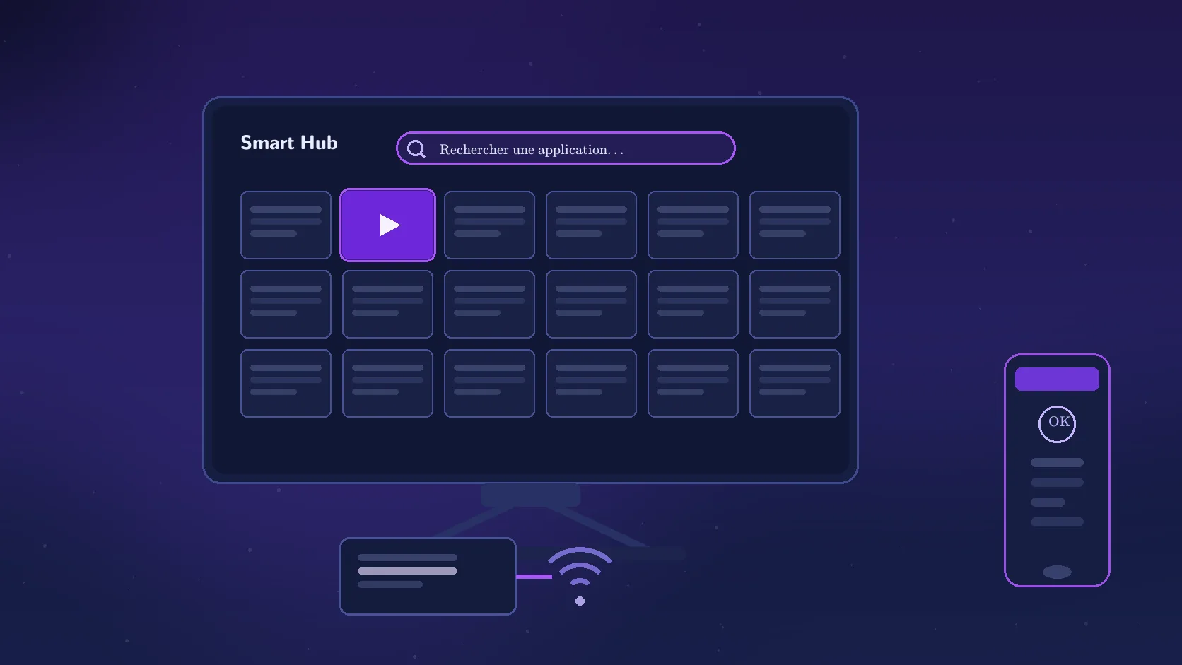 Smart TV Samsung affichant le Smart Hub avec sa grille d’applications et la barre de recherche pour installer IPTV Smarters Pro en 2026