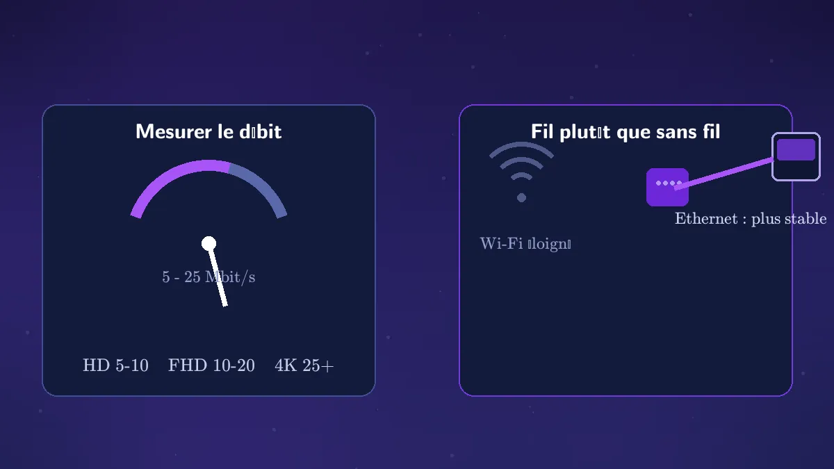 Illustration du diagnostic buffering IPTV : mesurer le débit de l’appareil (5 à 25 Mbit/s selon HD, Full HD ou 4K) et préférer le réseau filaire au Wi-Fi éloigné