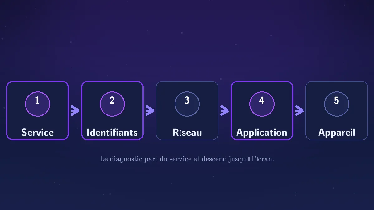 Schéma du diagnostic IPTV en cinq étapes dans l’ordre : service, identifiants, réseau, application, appareil